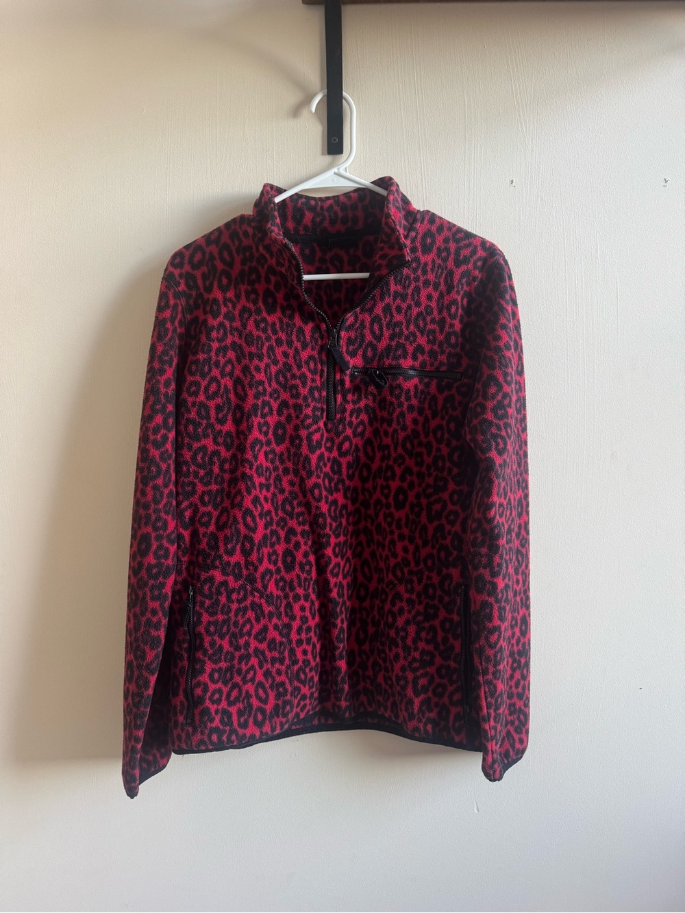 Red Leopard Print Quarter Zip Fleece Pullover Jacket Y2K Gorpcore